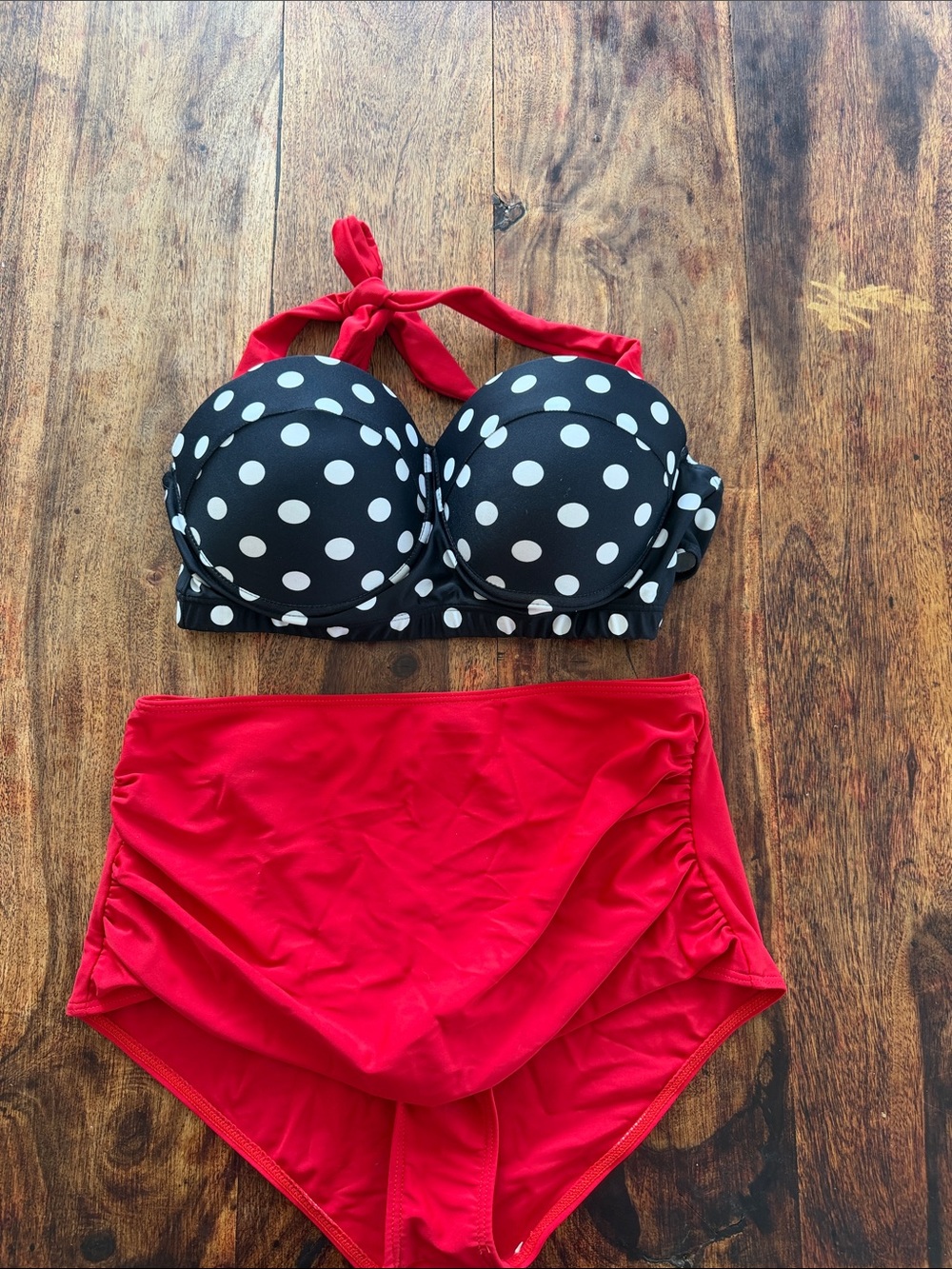Polka Dot Black & White Halter Bikini Top with Red High-Waist Bottoms